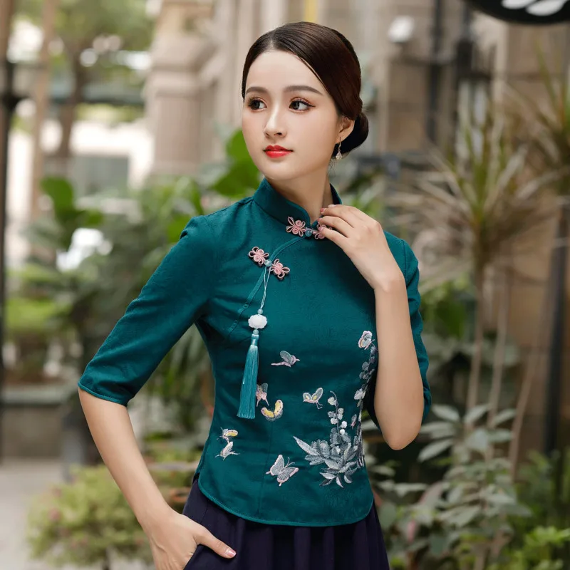 Sheng Coco Traditional Shirts Ladies Butterfly Embroidered Tassels Blouse Qipao Tops Chinese Style Middle Sleeve Blouse