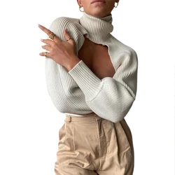 Female Sweater Solid Color High Collar Long Puff Sleeve Knitwear Pullover for Women super short crop tops matched with clothing