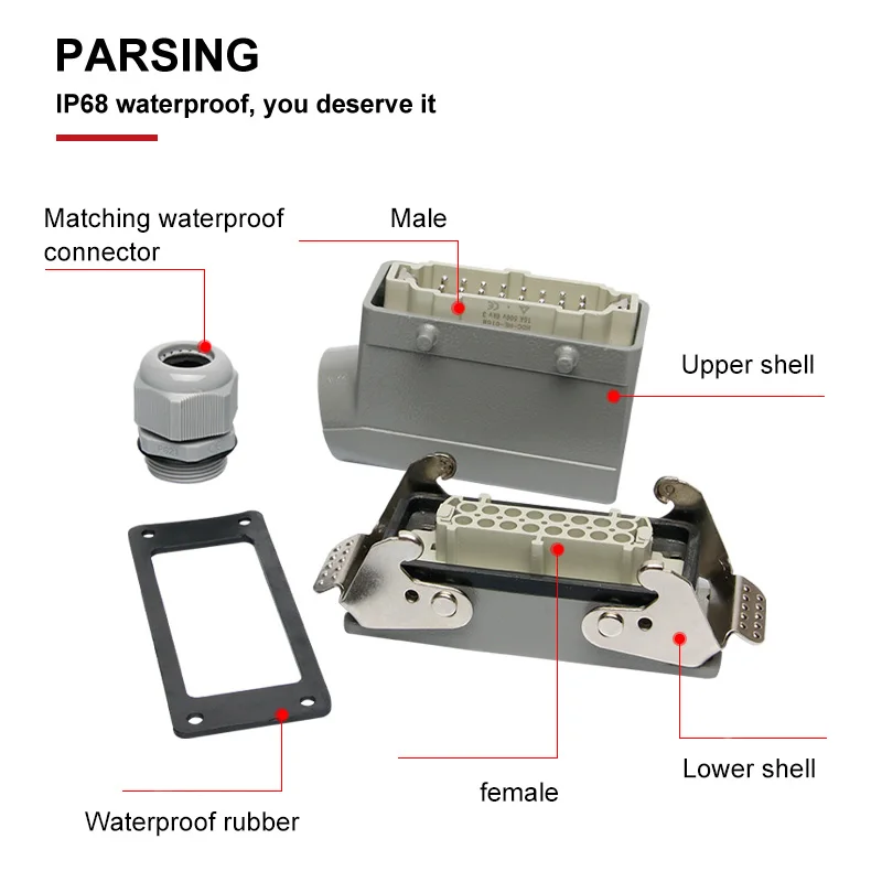 HE Rectangular Heavy Duty Connector 6 10 16 24 36 48 Pins Core Waterproof Aviation Industrial Plug Socket Top Lateral Line 16A