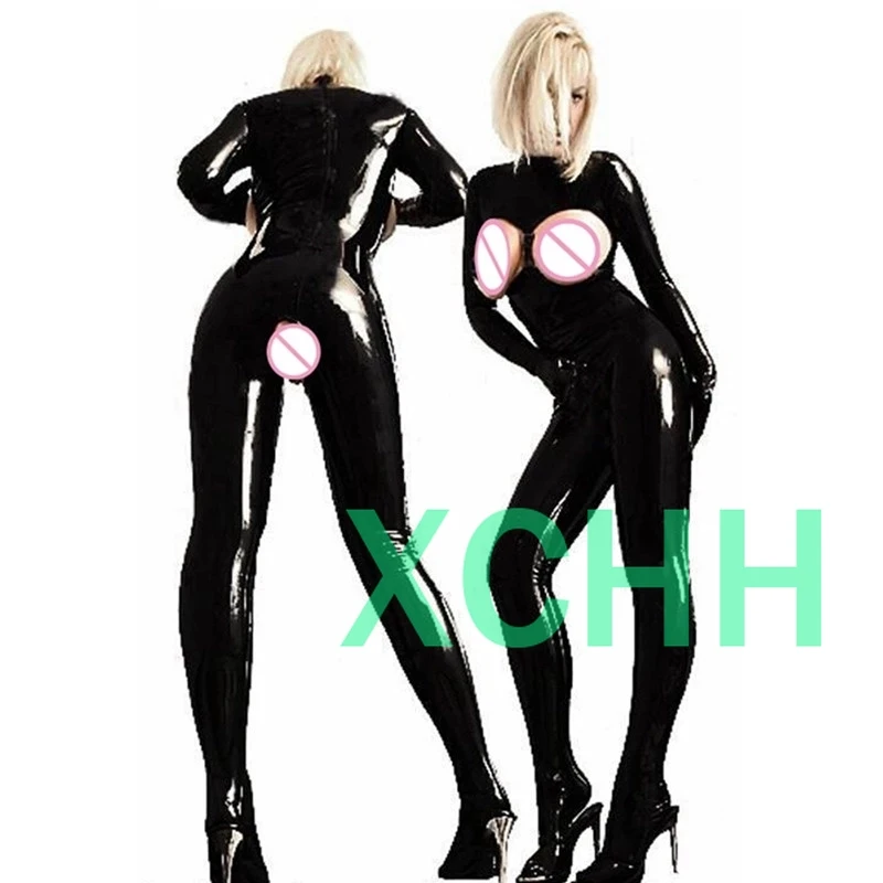 

Sexy exotic women female handmade Black Latex customize Catsuit Open Chest&Crotch zentai cekc fetish Bodysuits Back zipper