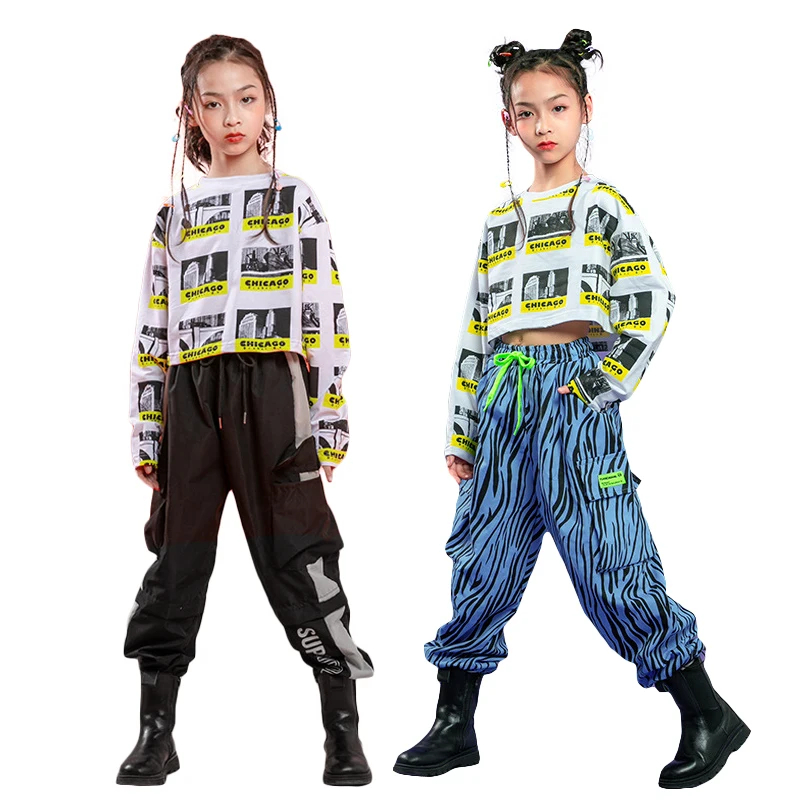 

Lolanta Girls Long Sleeve Cropped Tops Black Blue Jogger Pants Costume Kids Hip Hop Outfit Streetwear Jazz Dance Costume