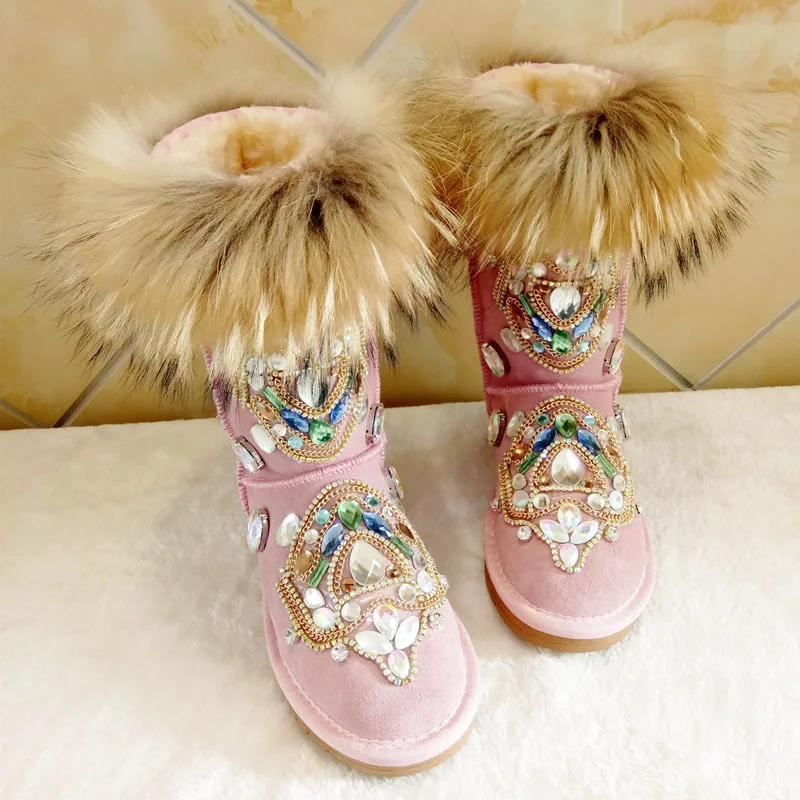 New Winter Snow Boots Women Real Fur Rhinestone Handmade Warm Flat Ankle Boots Genuine Leather Comfortable Casual Shoes Women