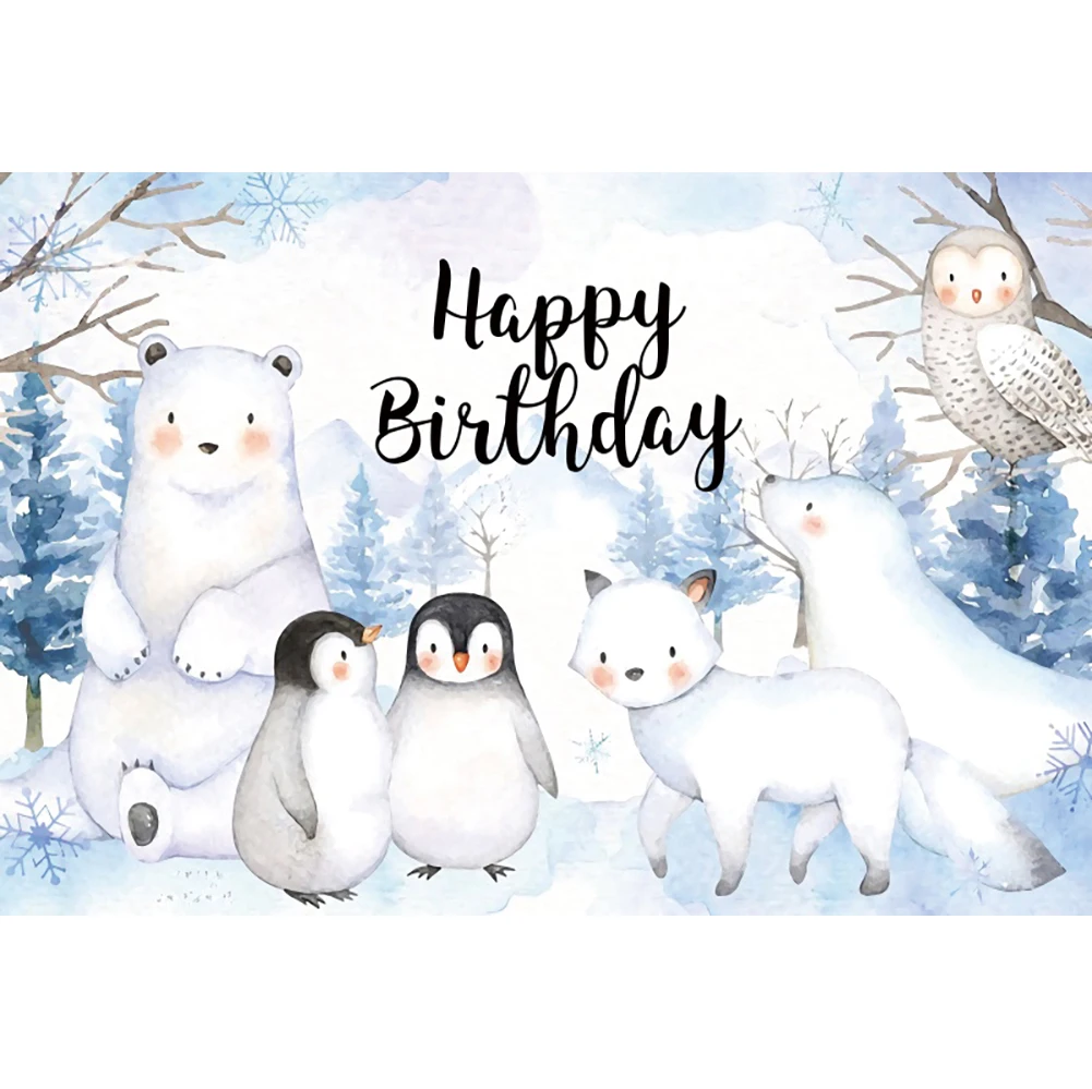 Laeacco Winter Arctic Animals Baby Shower Background Snowflakes Polar Bear Penguin Kids Portrait Customized Photography Backdrop