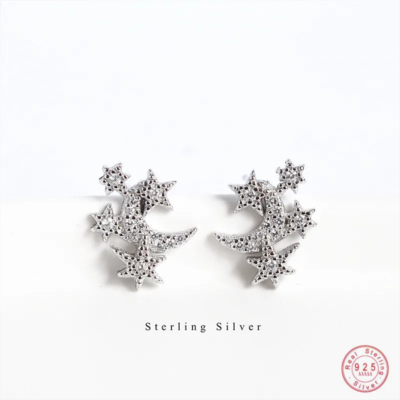 

925 Sterling Silver Pavé Crystal Star Moon Stud Earrings Women Fashion Simple Party Jewelry Accessories Girlfriend Gifts