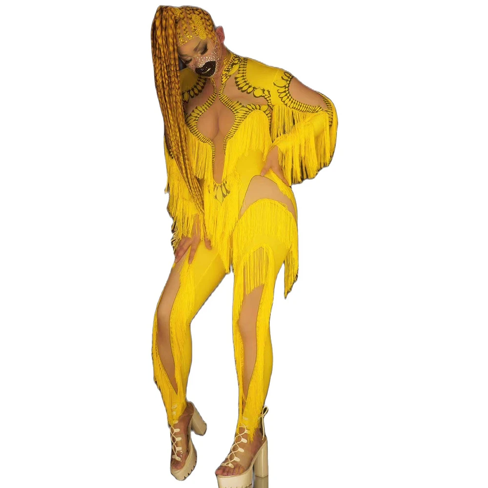 Long Sleeve Hollow Out Yellow Print Women Tassel Jumpsuits Tight Stretch Drag Queen Outfit Performance Costume Ladies Nightclub