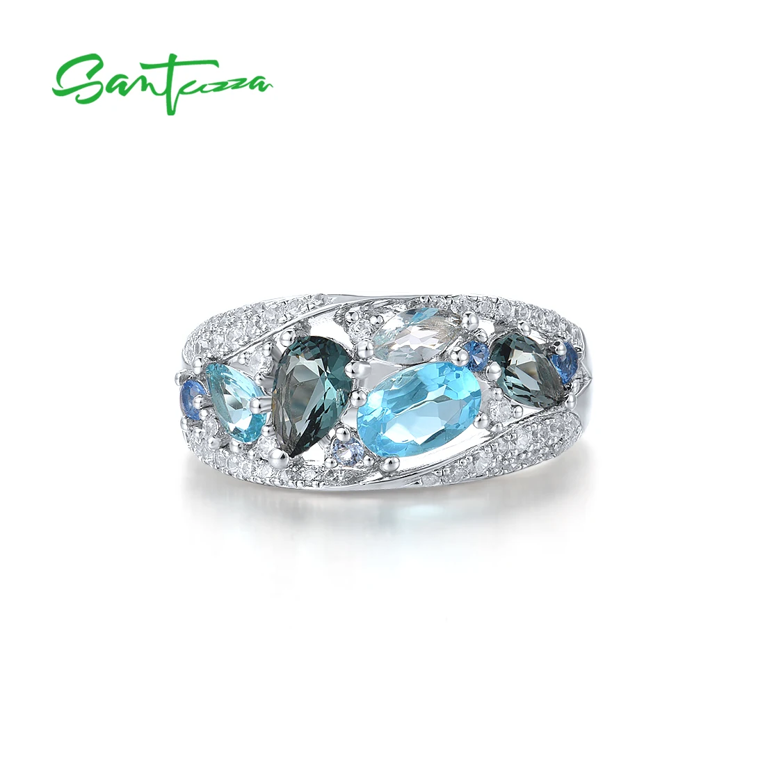 

SANTUZZA Silver Rings For Women Pure 925 Sterling Silver Sparkling Blue Stones White Cubic Zirconia Gorgeous Trendy Fine Jewelry