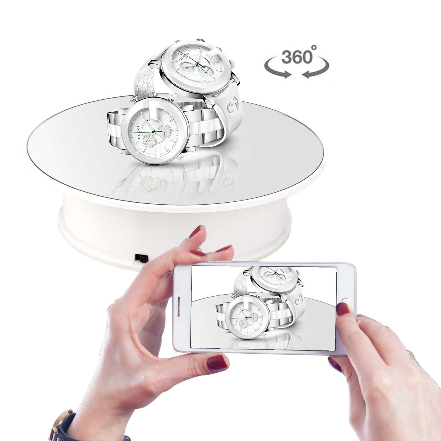 20CM White Base Fashion Mirror Top Electric Motorized Rotating Display Turntable for Jewelry Toys Model,watches Display Stand