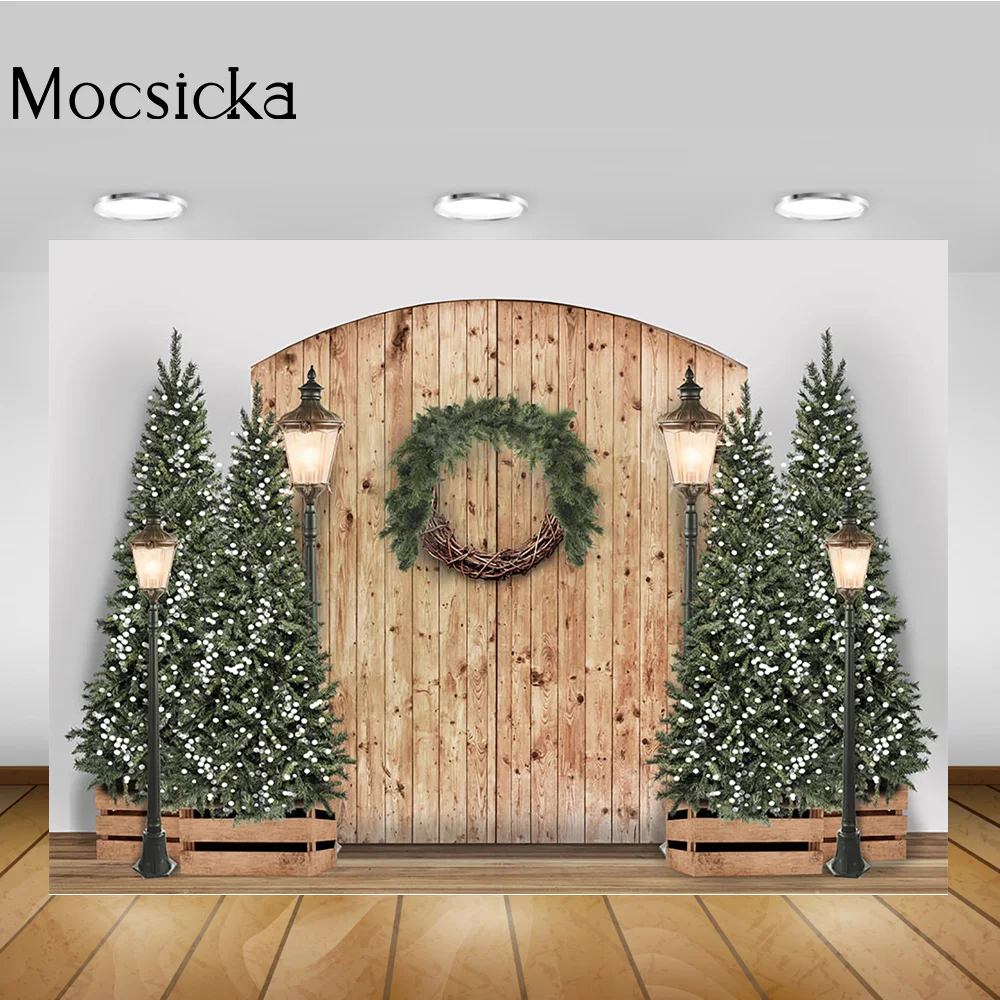 عيد الميلاد الرجعية ريفي الباب خلفية إكليل مصباح أشجار عيد الميلاد ديكور الحفلات الشتاء الأطفال عيد ميلاد خلفية استوديو الصور