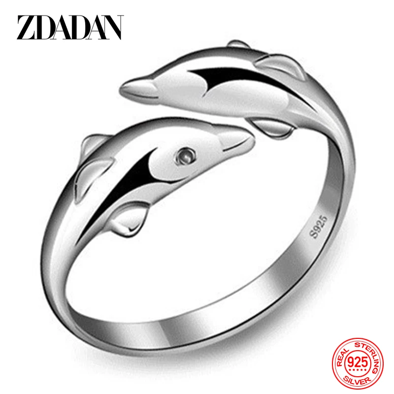 ZDADAN 925 Sterling Silver Double Dolphin Open Ring For Women Fashion Wedding Jewelry Party Gift