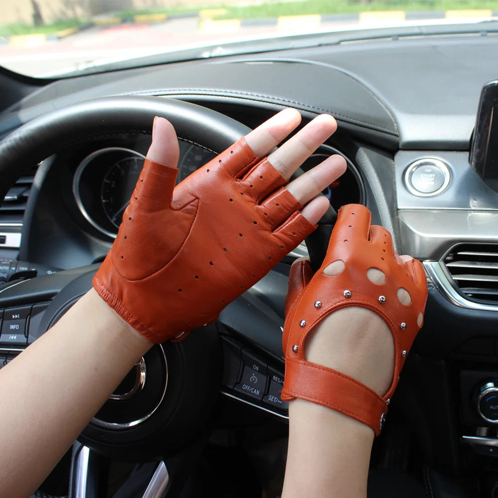 Guantes de cuero de medio dedo para mujer, manoplas finas de piel de cabra, caladas, cortas, deportivas, conducción, color, primavera y verano,