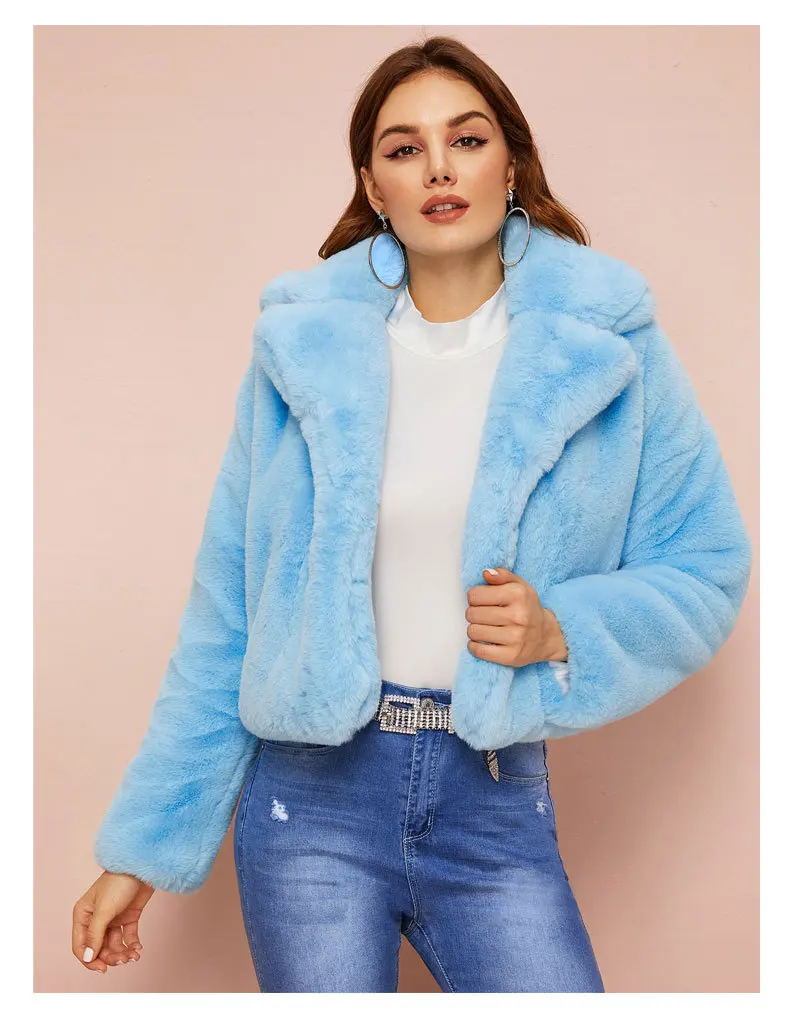 Winter Lapel Hairy Shaggy Faux Fur Jacket Aqua Blue Vintage Long Sleeve Furry Faux Fur Coat Short Outerwear Clothes