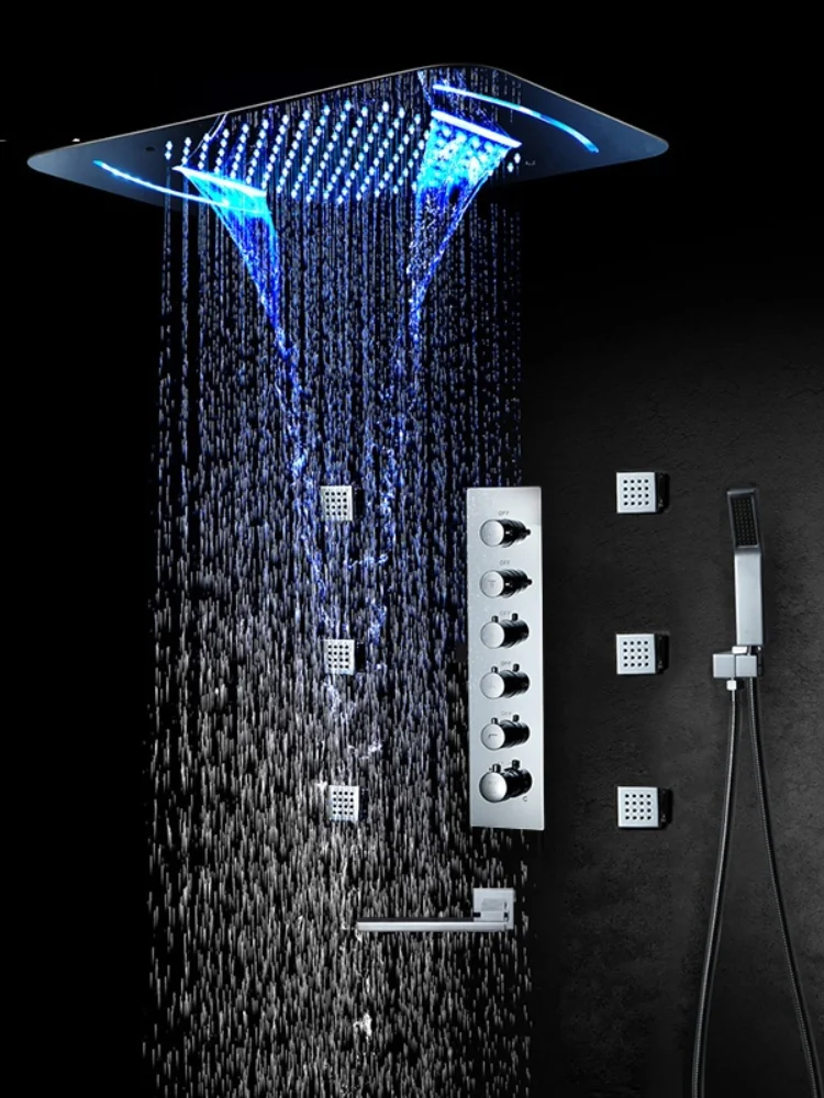 sistema de chuveiro de chuva luxo teto cachoeira showerhead 228 x 149 led chuveiro painel do banheiro torneiras termostato valvula 01