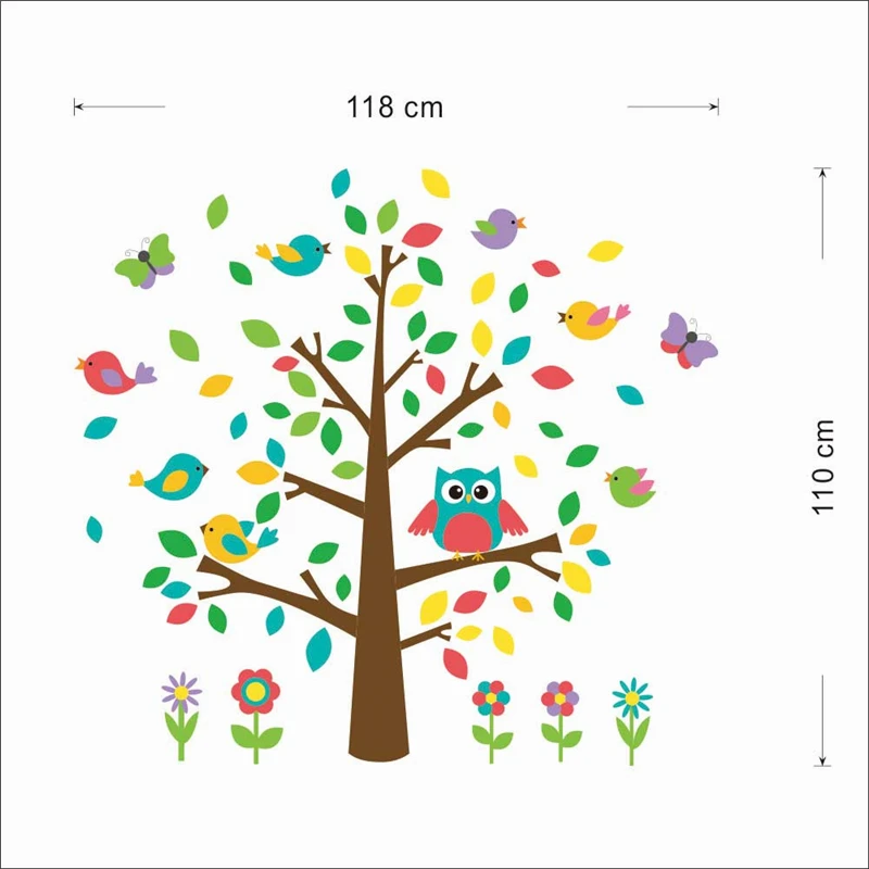 Cute Owlet Birds Colorful Tree Wall Sticker For Kindergarten Kids Room Bedroom Home Decor Cartoon Wall Mural Art Pvc Decals