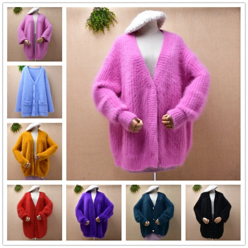 

Ladies Women Casual Fashion Autumn Winter Hairy Mink Cashmere Knitted V-Neck Long Sleeves Loose Cardigans Angora Sweater Jacket