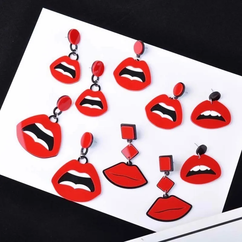 Fashion Sexy Red Mouth Lips Drop Earrings For Women Girls Hip-Hop Punk Geometric Long Dangle Earring Nightclub Jewelry Brincos