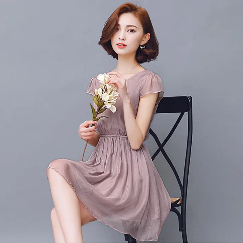 Summer Dress 100% Real Silk Ladies Dresses Women Clothes 2019 Korean Casual Elegant Short Dress Fashion Fit Vestidos 9931