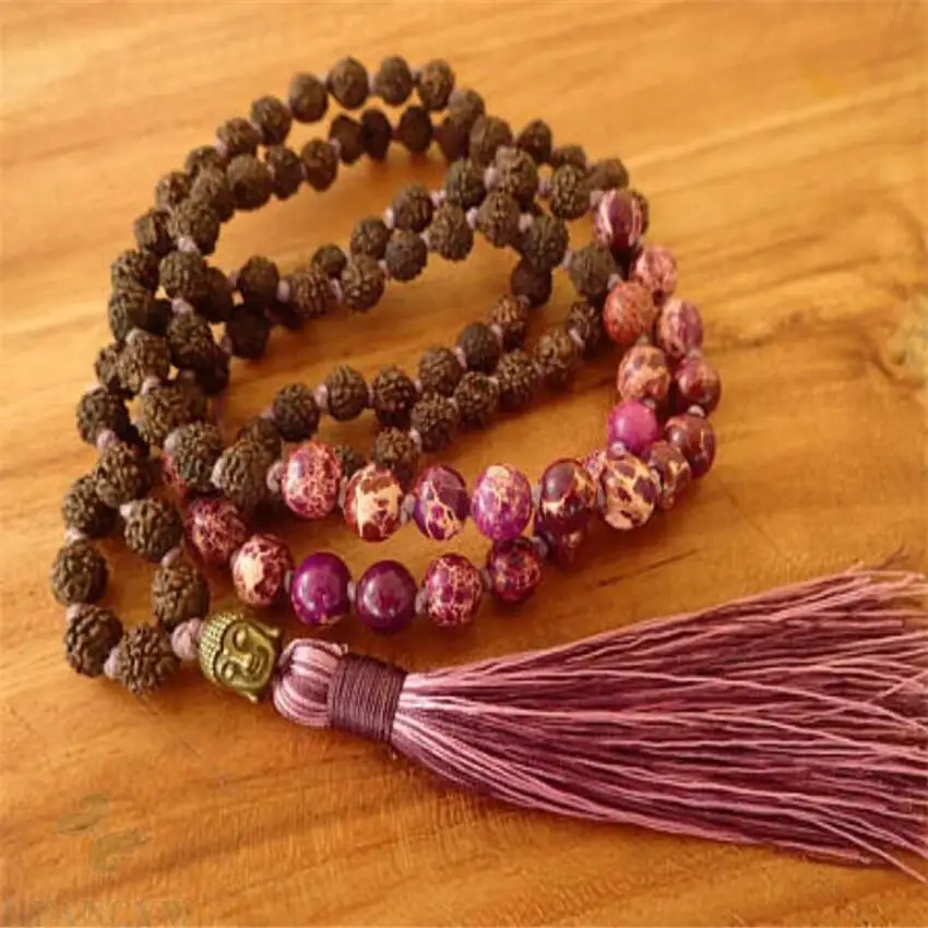 

8MM Rudraksha imperial jasper Gemstone Mala necklaces 108 Bead Bless Buddhist Healing natural Lucky pray men MONK Wrist Hot Yoga