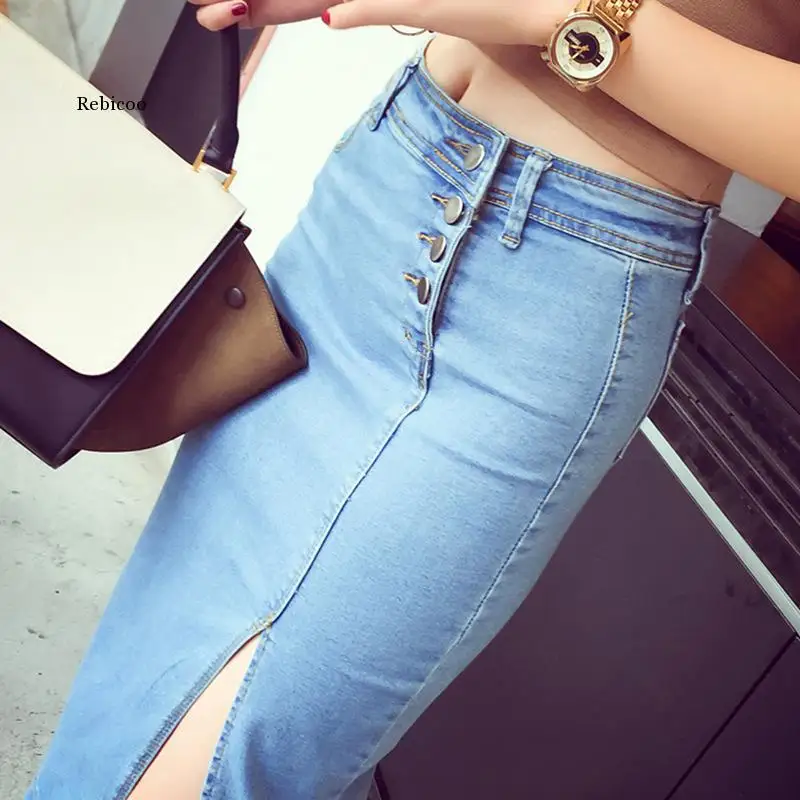 Women's Solid buckle elastic bag hip thin slit fork denim midi skirt jupe en jean femme