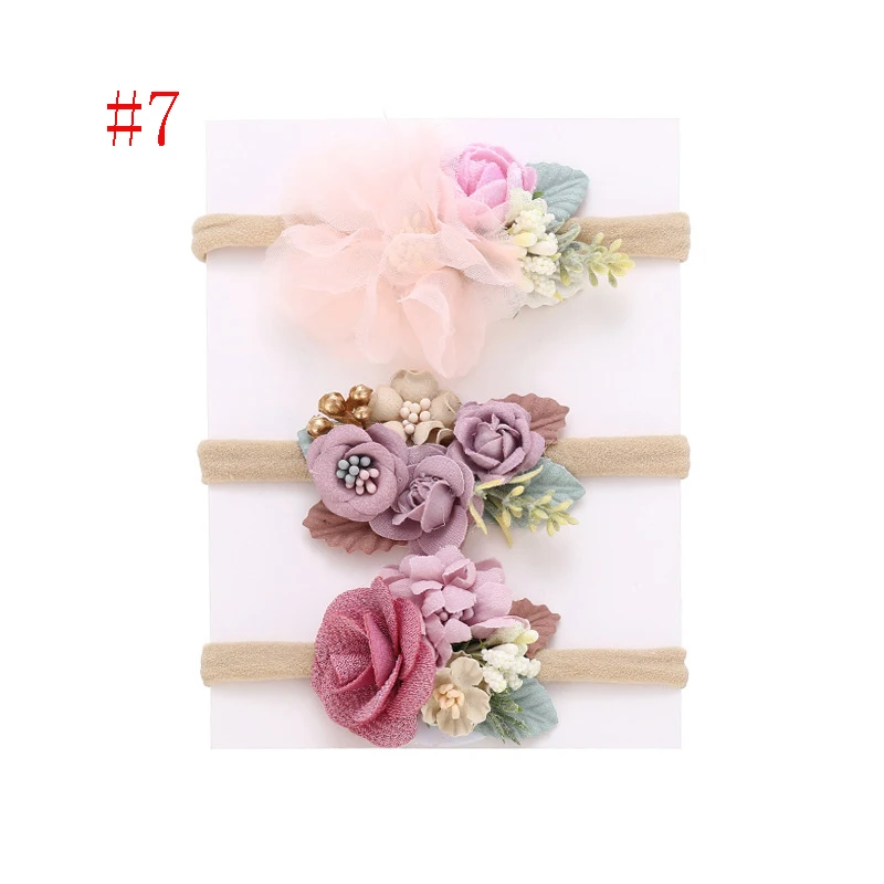 6sets/lot,Newborn Lace Flower Nylon Headband,Kids Satin Flower Headbands,Vintage Floral Elastic Headband for Girl's Headwear