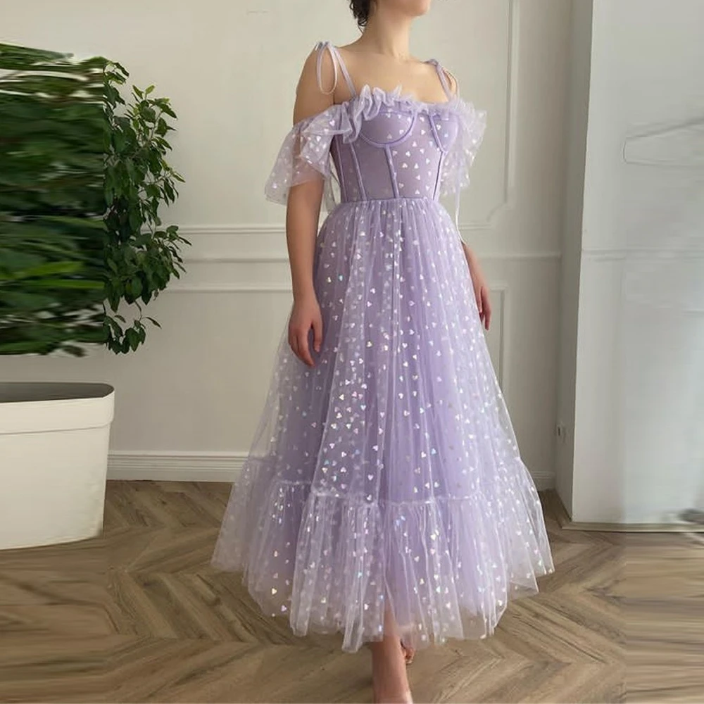 

2021 Bright Lavender Tulle With Heart Prom Dresses Off the Shoulder Straps Corset Boning Tea Length Formal Party Gown