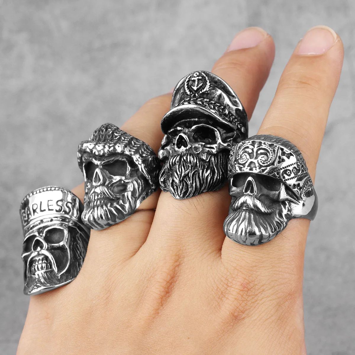 Hippie Big Beard Wear Hat Skull Stainless Steel Mens Rings Punk Hip Hop for Boyfriend Biker Jewelry Creativity Gift Wholesale