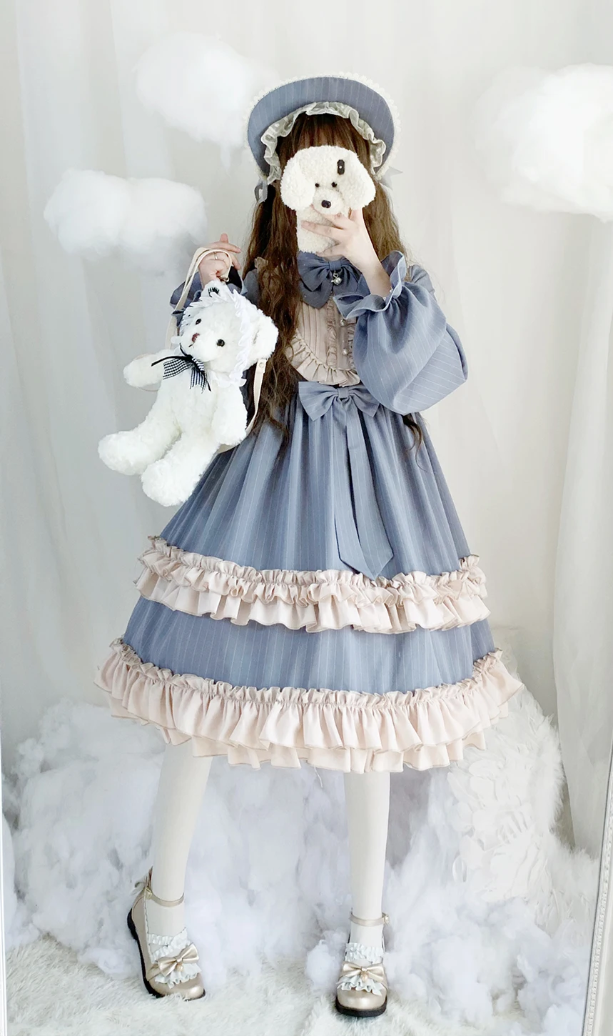 Robe princesse lolita rétro pour filles, tenue victorienne à rayures, taille haute, avec nœud papillon, style gothique, kawaii, op loli cos