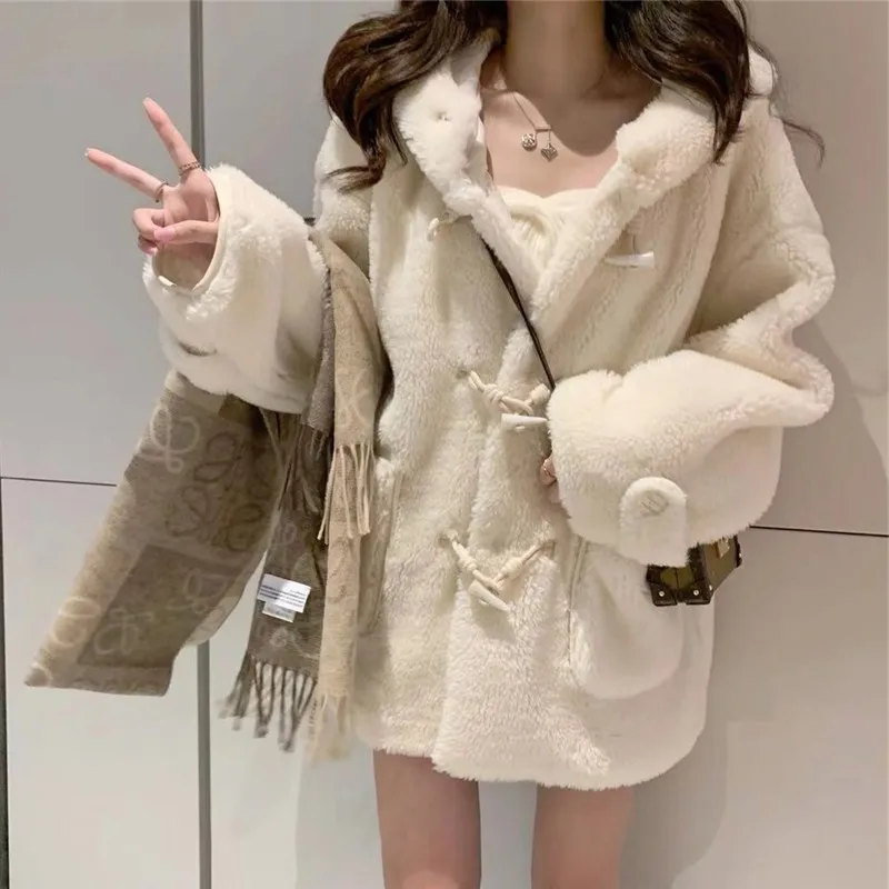 

Pure White Kawaii Lamb Wool Fur Coat Women Thick Spring Winter College Style Lovely Ox Horn Buckle Plush Fur Hooded Lambswool