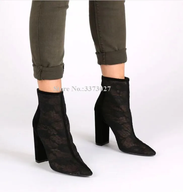 Botas cortas de tacón grueso para mujer, botines de estilo Gladiador, con malla de retales, puntiagudas, talla grande