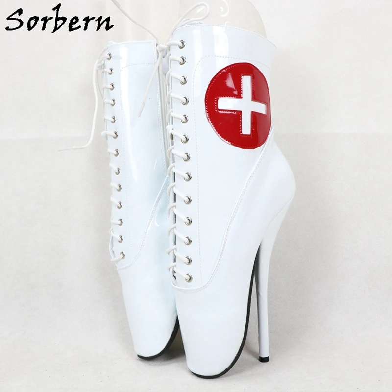 Sorbern Red Cross Nurse Ballet Boots Role Play Ankle High Booties Stilettos 18Cm Lace Up Unisex Plus Size Shoe Short Booties