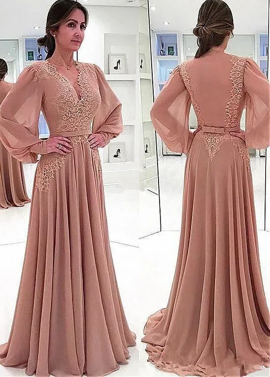 Fashion Lace Appliques Chiffon Mother of the Bride Dresses 2020 v neck Unique Long Sleeves Floor Length Prom Gown