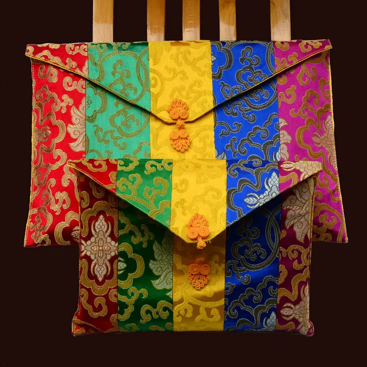 Tibetan-Style Scripture Book Bag, Buddhist Collection Pouch, Large Silk Brocade, Chinese knot Storage Pack, Colorful, Lucky,
