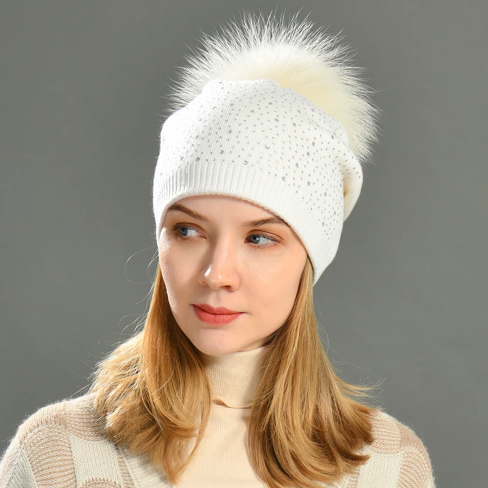 Delle donne di Vera Pelliccia Pompon Cappello Femminile Pianura Caldo Knit Beanie Cappello di Pelliccia di Procione Naturale Pom Pom Cappello di