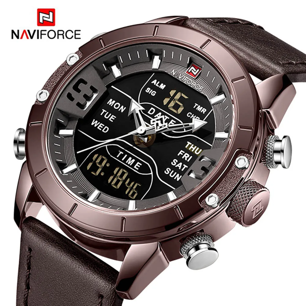 NAVIFORCE Mens Watches Fashion Luxury Military Digital Watch Genuine Leather Waterproof Chronograph Watch for Men montre homme