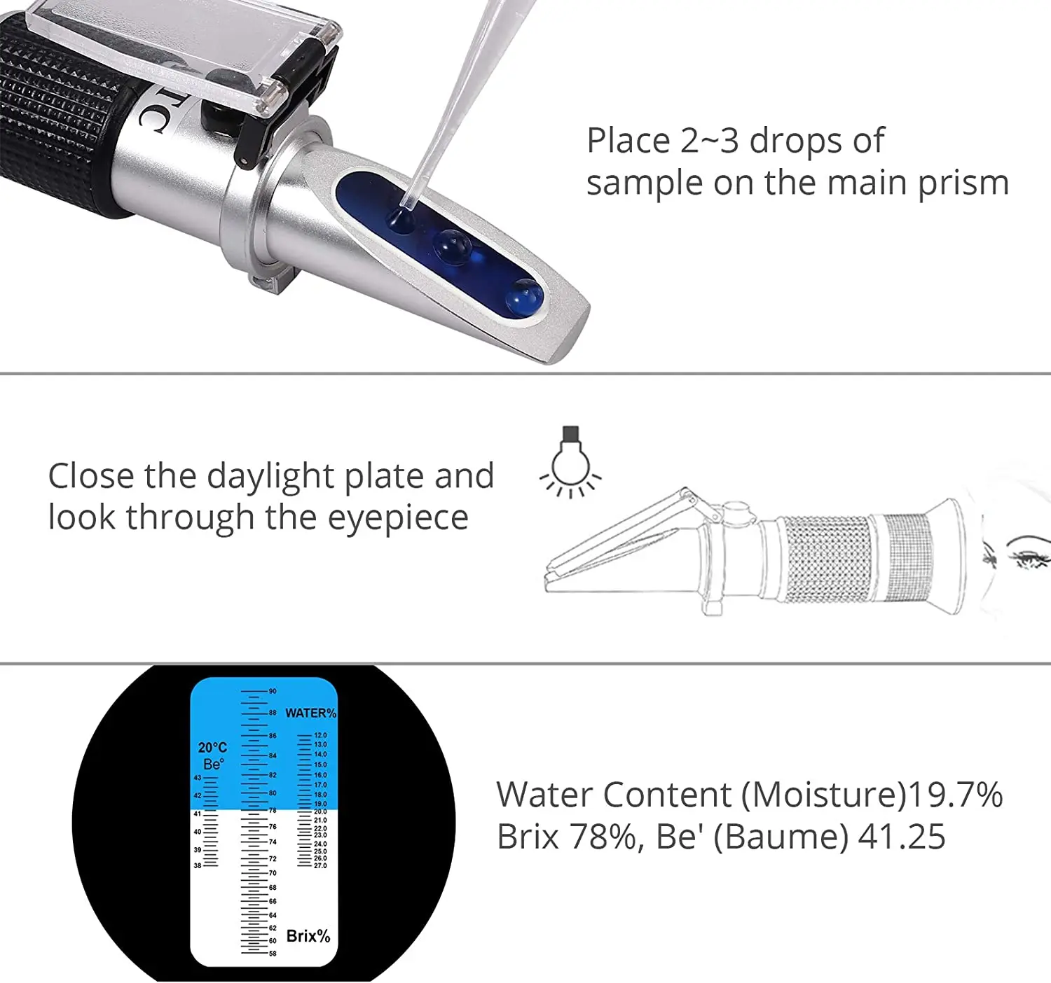 Honey Baume Refractometer 58-90% Brix Scale & 12-27% Honey Water Moisture Content Baume Tester for Honey Moisture Brix and Baume