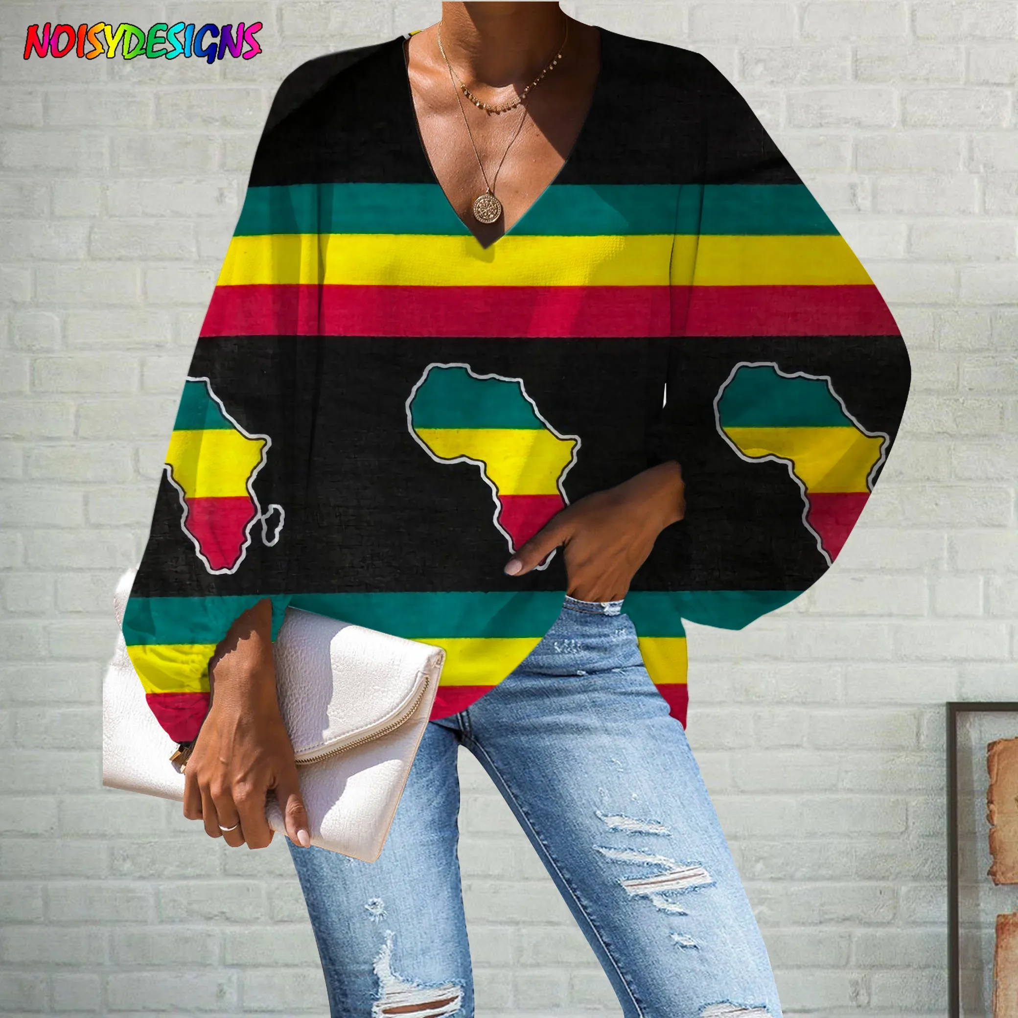 

NOISYDESIGNS Women Long Sleeve Map of Africa Ankara African Printed Tops Spring Summer Blouse Ladies Chiffon Shirts Streetwear