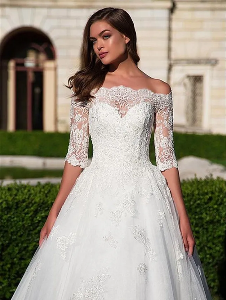 Magnifique robe de mariée à épaules dénudées, demi-manches, avec des Appliques en dentelle perlée, Illusion au dos, 2020