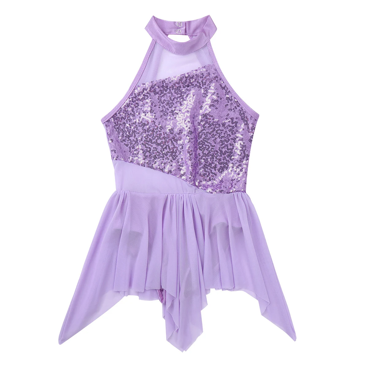 Kids Girls Sequins Lyrical Ballet Dance Dress Turtle Neck Tank Dress Gymnastics Leotard Irregular Skirts Ballroom Dance Costume