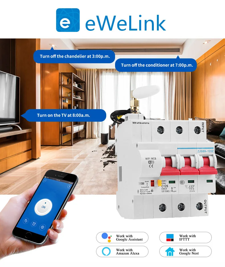1P/2P/3P/4P 80A قواطع دوائر WiFi الذكية eWelink App التحكم عن بعد العمل مع Alexa echo وGoogle Home Automation Breaker