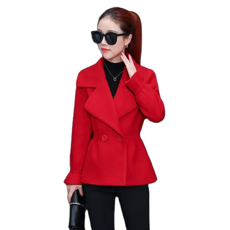 150cm Small Woman Jacket Blended Woolen Coat Autumn Winter Short Woolen Coat Korean Style Thick Slim Red Outerwear Female Tops