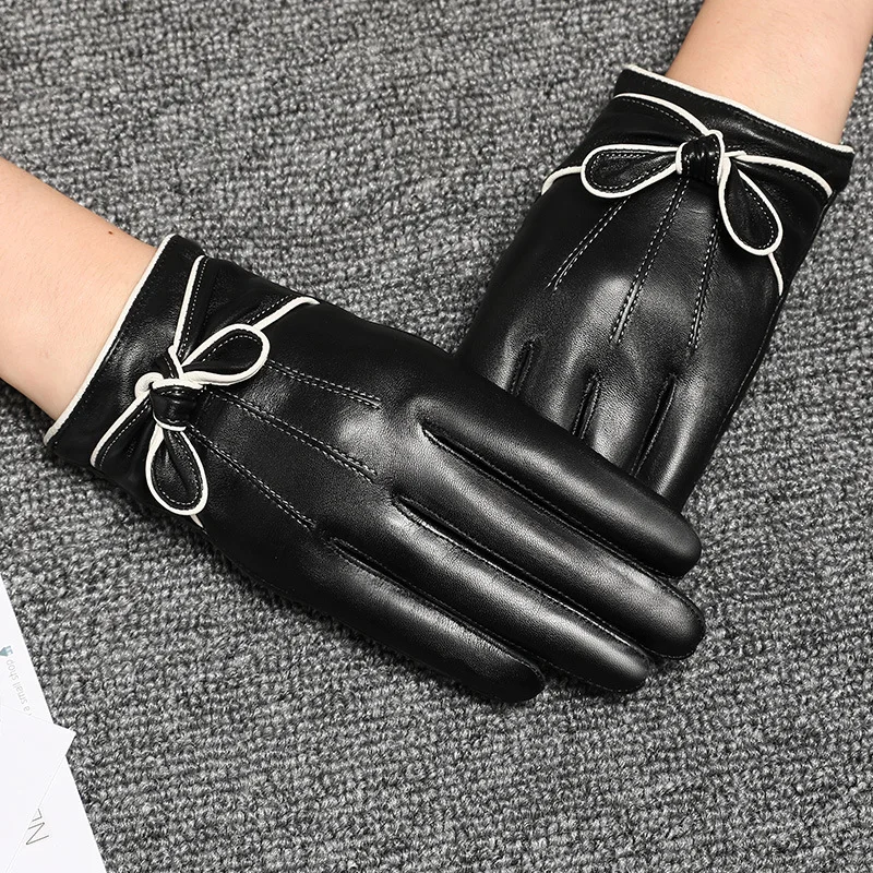 Women's autumn winter thicken warm genuine leather gloves lady's natural leather small bow slim winter driving glove R3466