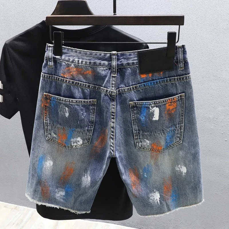 Summer 2022 New Hole Denim Shorts Mens Concise Korean Style Casual Spliced Vintage Pockets Fashion Breeches Male Knee Length