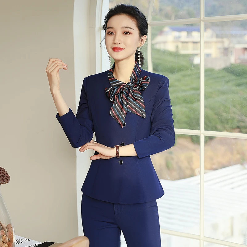 2021 Fashion Formal Uniform Designs Business Suits for Women OL Styles Professional Office Work Wear Blazers with Scarf Collar