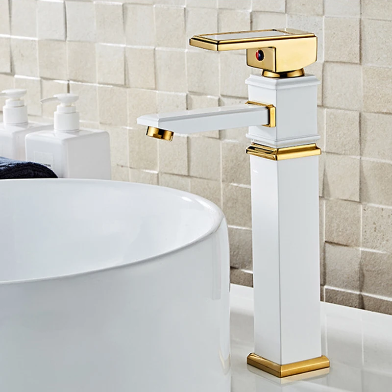 Newest 2019 Modern Brass White and Gold Bathroom Sink Mixer Taps Deck Mount Square Washbasin Faucet W3048