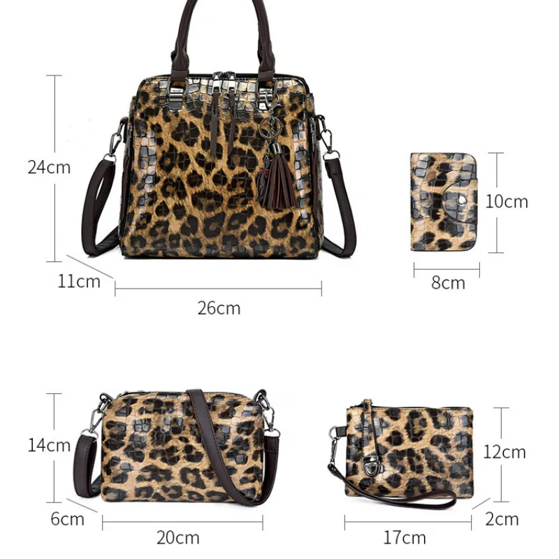 4PCS Handbags Women Designer Large Capacity Shoulder Bag Stone Pattern PU Leather Crossbody Bags Sac A Main Femme Leopard Bag