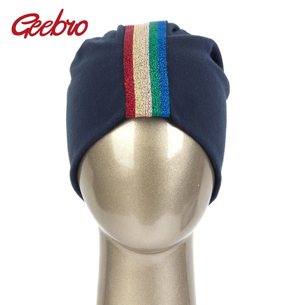 Geebro Women Colorful Cotton Beanies Hats Rainbow Applique Caps Unisex Fashion Soft Elastic Solid Color New Skullies Bonnet