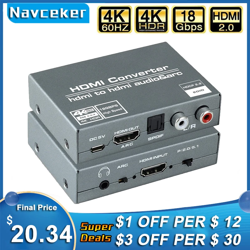 Navceker-extrator de Áudio Hdmi Hdmi para Rca 4k 60hz Yuv4:4:4 Hdr Adaptador Conversor Toslink Óptico Spdif 2.0