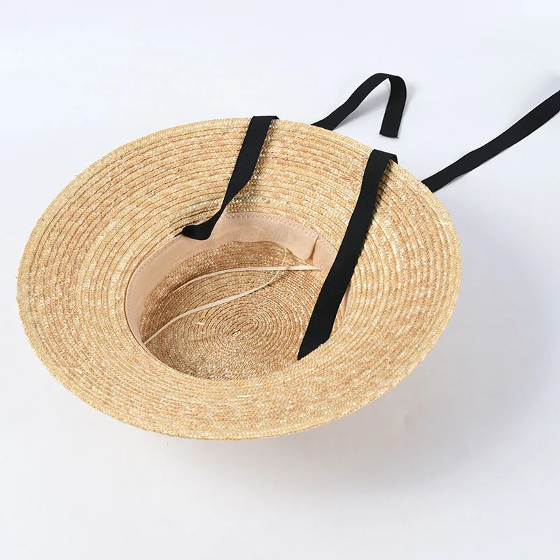 USPOP New French style vintage shallow crown straw hats women straw sun hats long ribbon natural wheat straw beach hat