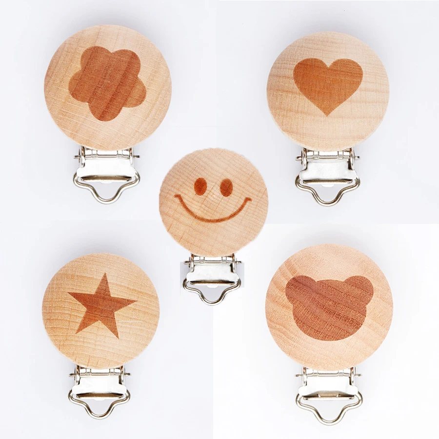 Pacifier Clip Cartoon Engrave Wooden Soother Clip 5pcs Nursing Accessories Diy Dummy Clip Chains Wooden Baby Teether