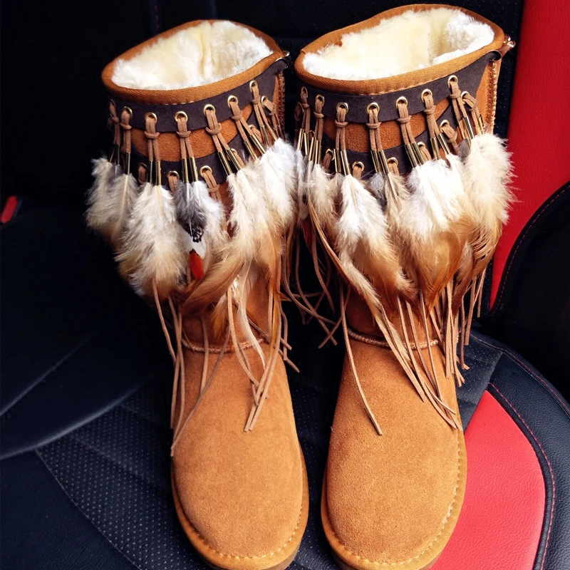 Retro National Style Winter Snow Boots Women Handmade Leather Tassel Feather Warm Mid-calf Boots Slip-On Casual Shoes Women