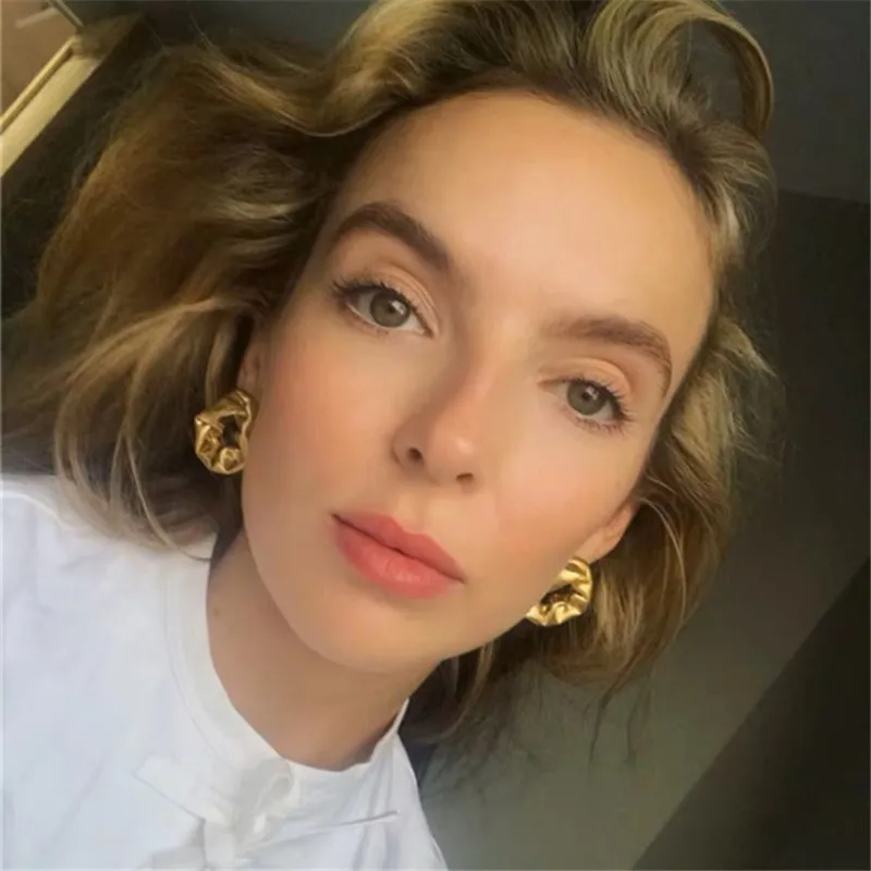 Kshmir-pendientes de metal brillante para mujer, aretes con textura plisada trenzada, irregular y geométrica, joyería a la moda